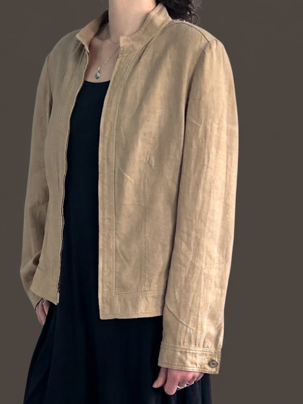 Vintage Sand Linen Blend Jacket with Subtle Gold Sheen • Classic Minimalist
